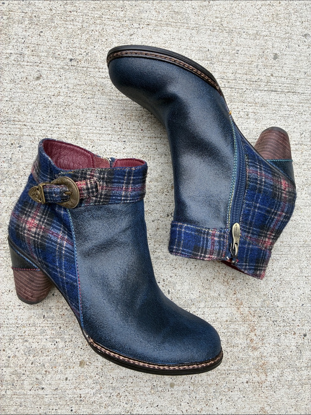L'ATISTE Navy Leather & Plaid Ankle Booties with Buckle Scottala boots